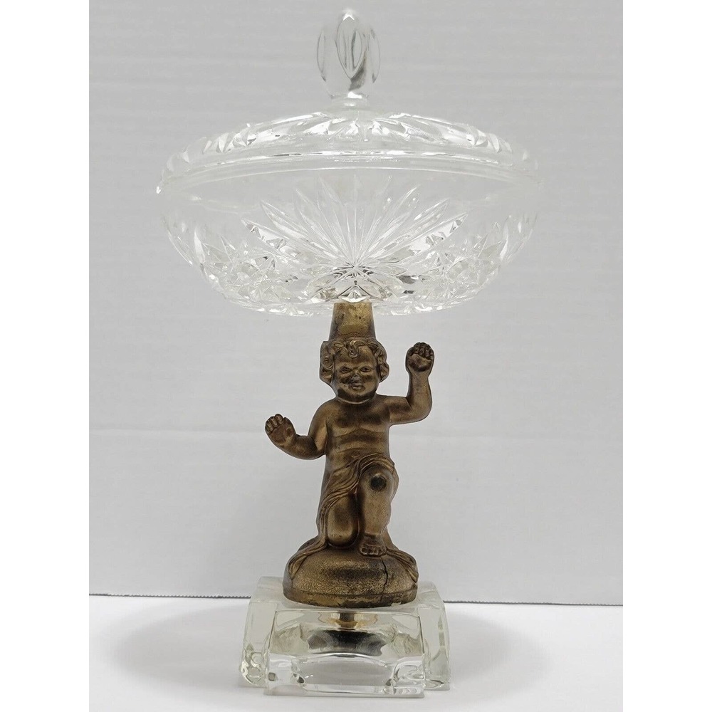 Vintage BrassBronze Crystal Cherub Pedestal Compote Candy Dish Nut bowl With Lid